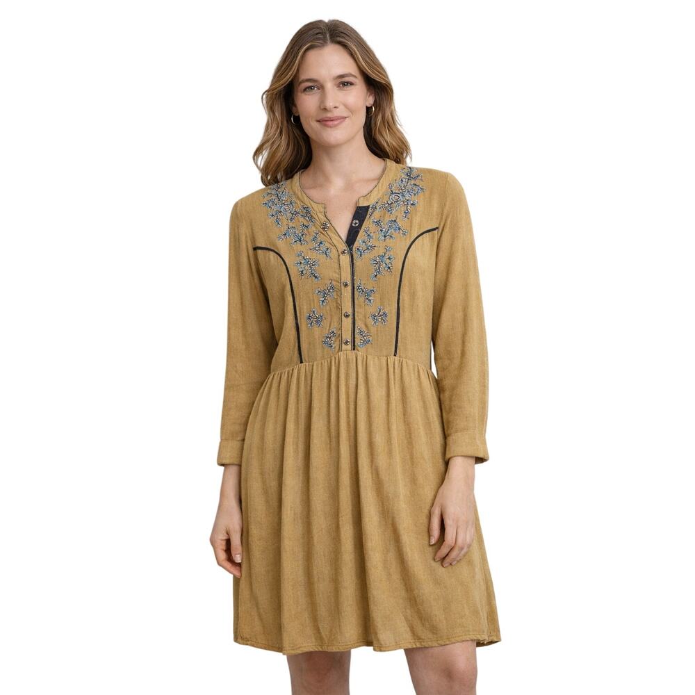 Kajree Boho Embroidered Tunic Dress Mustard & Blue Long Sleeve Flowy  XL